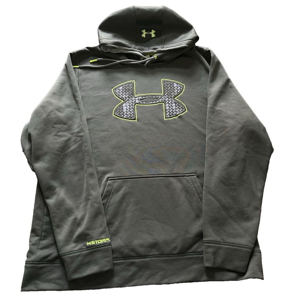 Mens Army Green UNDER ARMOUR STORM Hoodie Sweatshirt Front Pocket XL Loose Fit